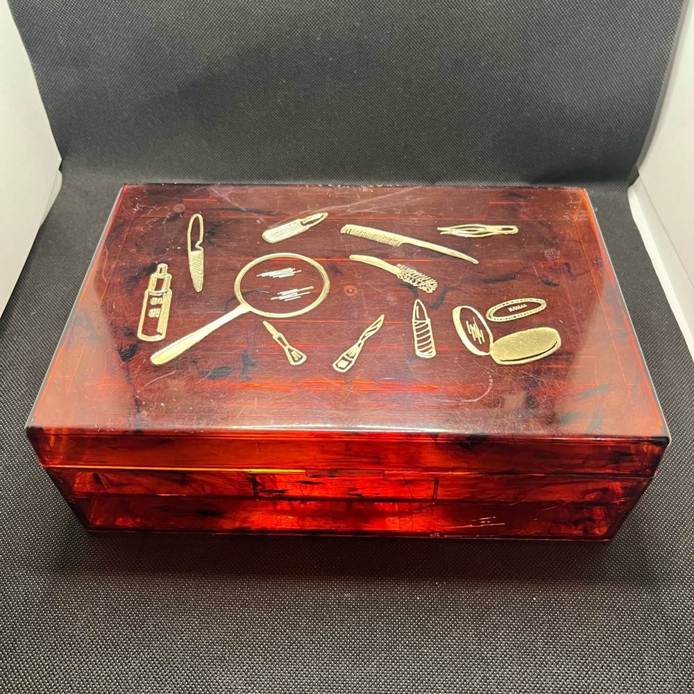 MCM lucite tortoise shell jewelry box w insert. In great shape considering age.